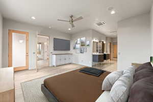 Bedroom with light wood-type flooring, cooling unit, recessed lighting, and ceiling fan