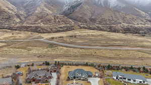 Aerial perspective of suburban area with a mountain backdrop