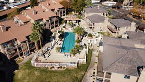 Aerial view of residential area with a pool