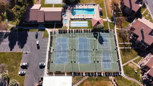 Drone / aerial view of a pool
