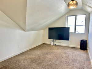 Additional living space featuring a textured ceiling and carpet floors