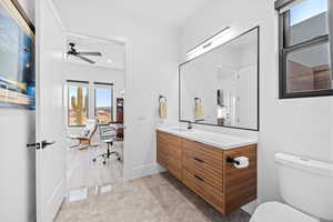 Bathroom with healthy amount of natural light, vanity, and a ceiling fan