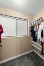 Walk in closet featuring dark carpet
