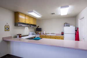 Kitchen featuring white appliances, light countertops, a textured ceiling, wood finish cabinets, and a peninsula