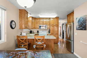 Kitchen featuring wood finish cabinets, light countertops, a peninsula, stainless steel appliances, and light wood finished floors