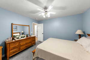 Bedroom featuring dark carpet, ceiling fan, and a textured ceiling