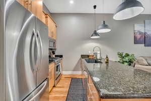 Kitchen with stainless steel appliances, dark stone counters, a peninsula, hanging light fixtures, and light wood-style flooring