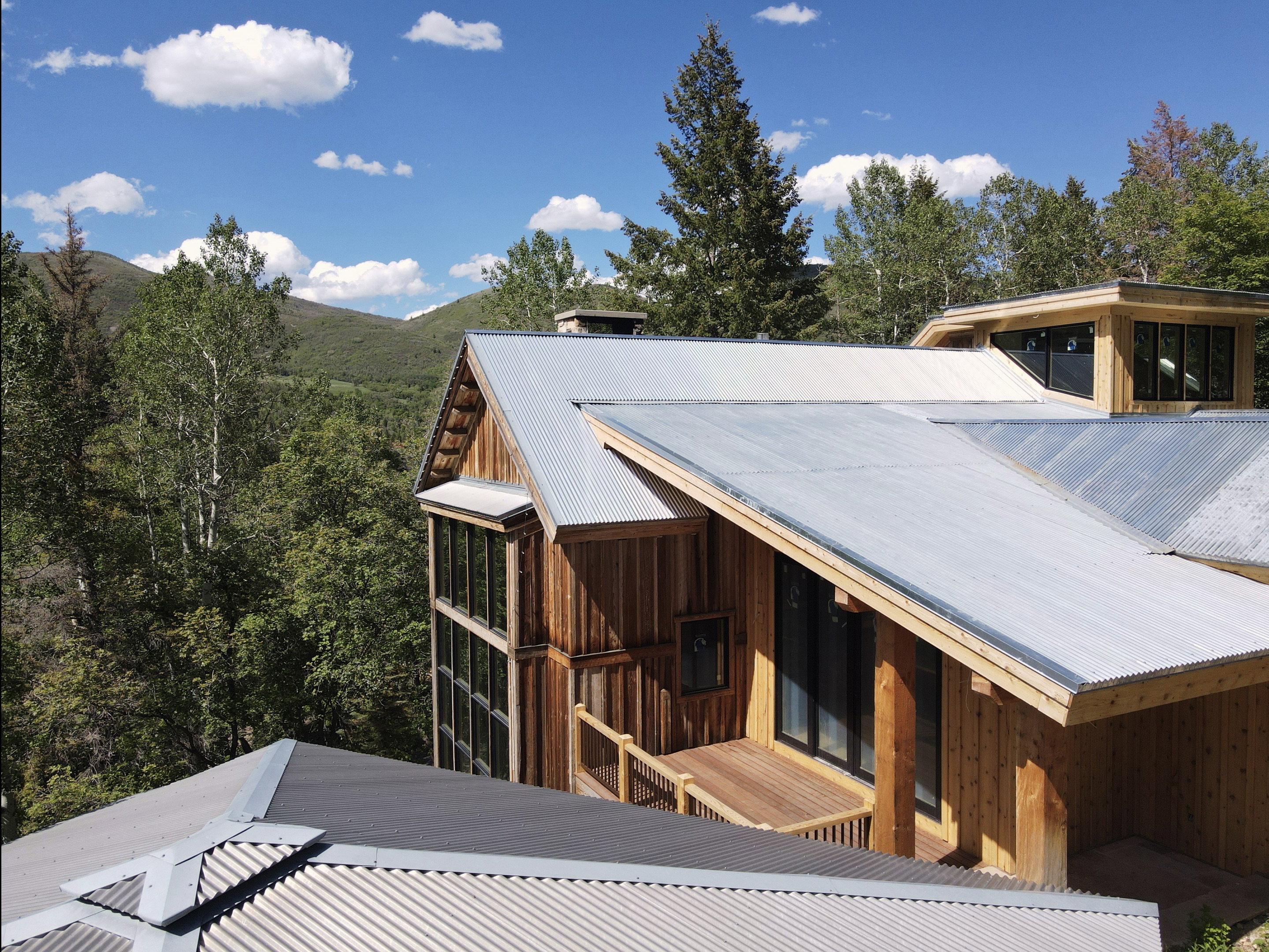 Modern architectural design featuring vertical wood siding and corrugated metal roofing