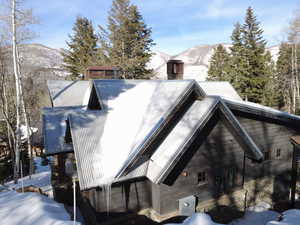 View of snowy exterior featuring a mountain view and a metal roof