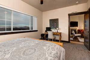 Bedroom with a glass covered fireplace, carpet flooring, and ceiling fan