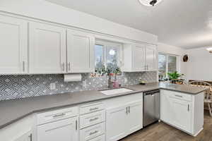 Kitchen featuring dark wood finished floors, white cabinetry, a peninsula, dishwasher, and tasteful backsplash