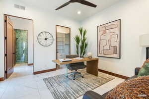 Office featuring ceiling fan, light finish flooring, and recessed lighting