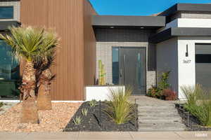 Doorway to property featuring stunning siding and stucco.