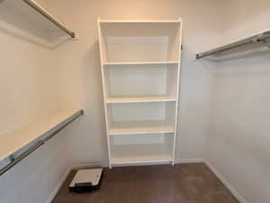Walk in closet featuring dark colored carpet