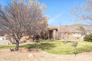 Obstructed view of property featuring a front yard and stucco siding