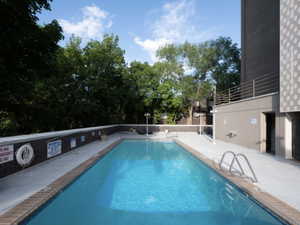 Pool deck with restrooms