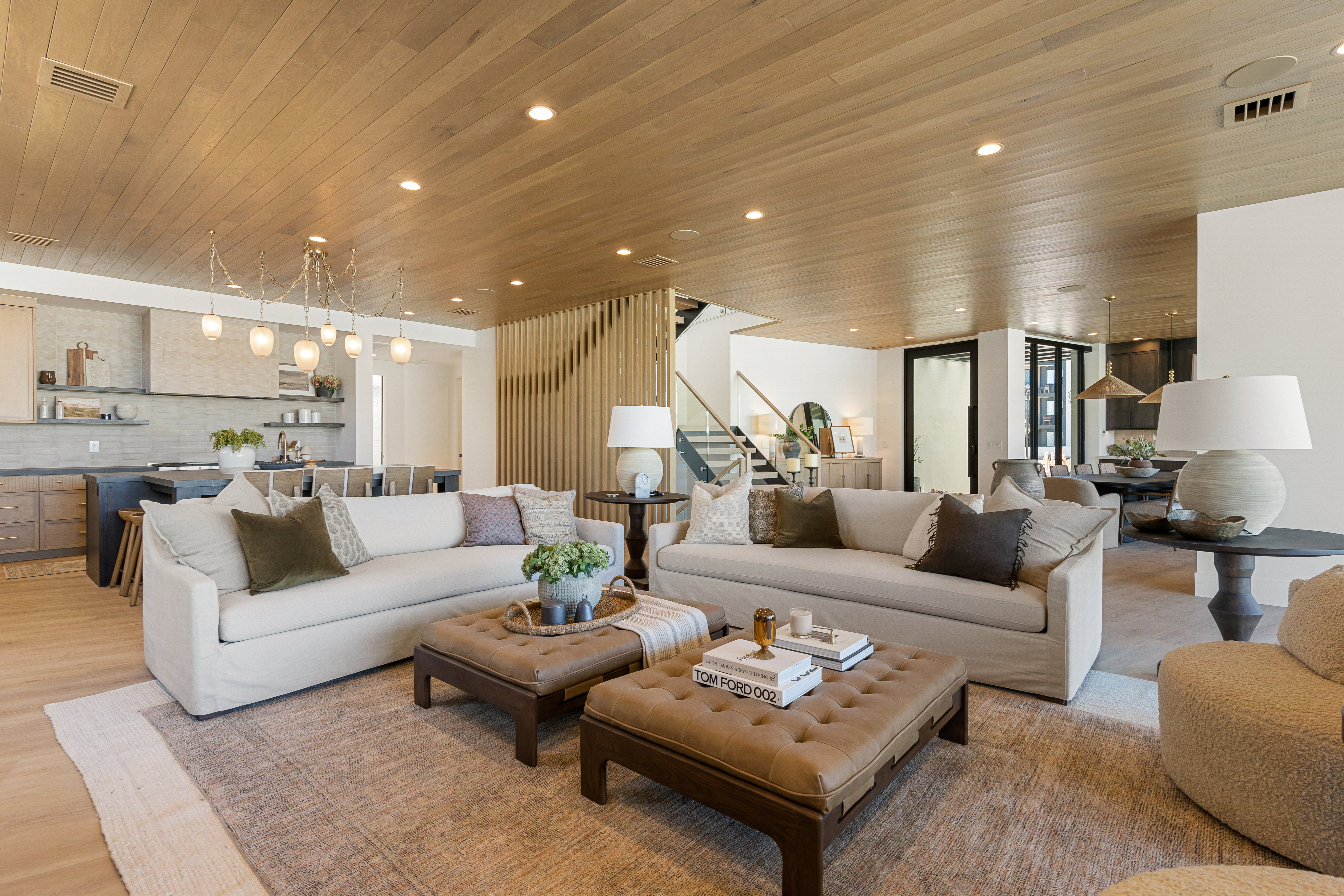 Living area featuring wood ceiling, light wood-type flooring, and recessed lighting