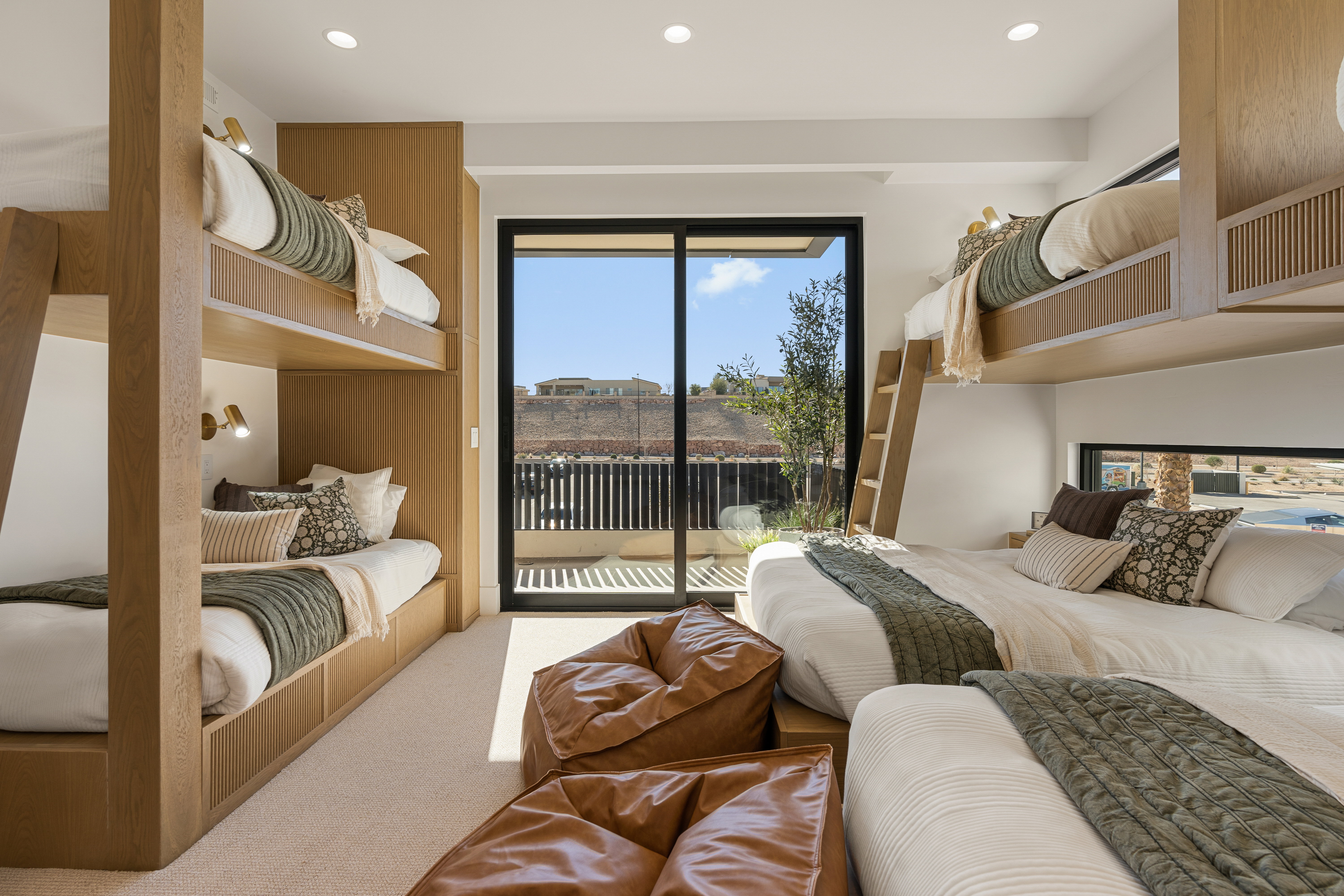 Bedroom with carpet floors, access to outside, and recessed lighting