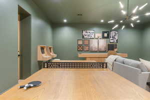 Recreation room with hanging lights