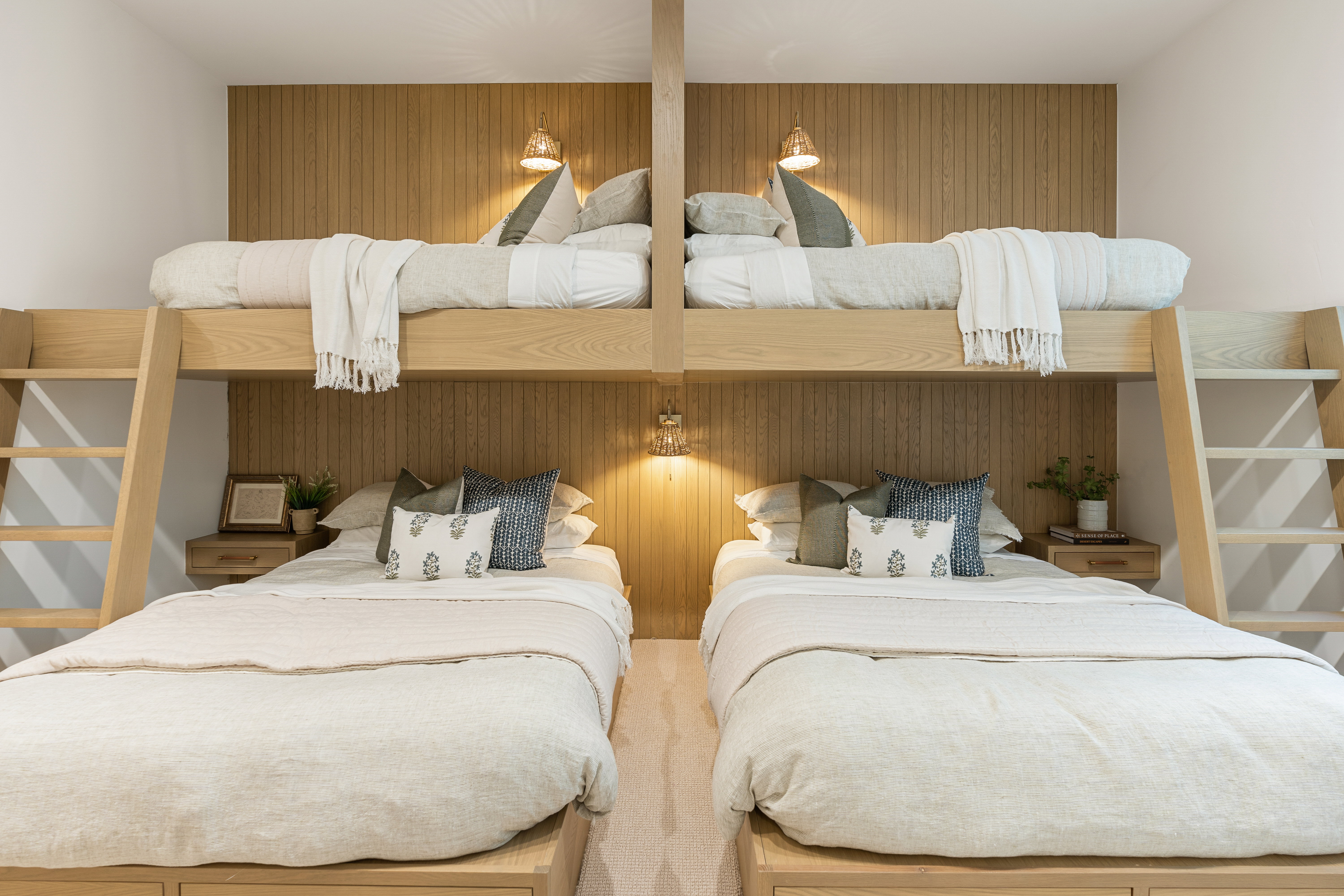 Bedroom featuring wood walls