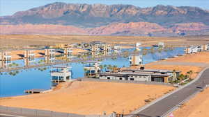 Bird's eye view of a water and mountain view