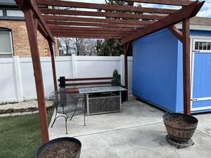 View of patio and shed