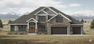Craftsman-style house with a mountain view, stone siding, board and batten siding, and a front yard