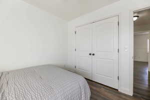 Bedroom featuring dark wood-style flooring and a closet