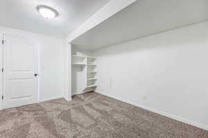 Unfurnished bedroom featuring a textured ceiling, carpet floors, and a closet