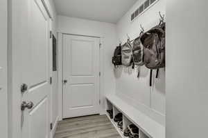 Mudroom with light wood-style flooring