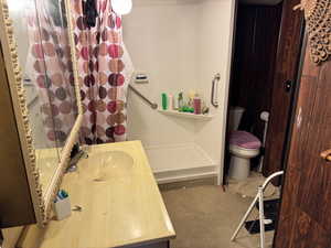 Full bath with vanity, a shower with curtain, and carpet flooring