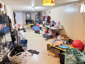 Finished basement with wooden walls and a baseboard radiator