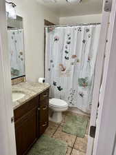 Bathroom with vanity, a shower with curtain, a textured ceiling, and stone tile flooring