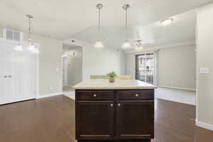 Kitchen with light countertops, dark wood finish cabinetry, a kitchen island, dark wood-type flooring, and open floor plan