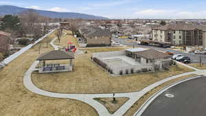 Aerial perspective of suburban area featuring mountains