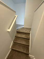Stairway with baseboards and carpet flooring