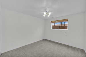 Spare room featuring carpet floors, a ceiling fan, and a textured ceiling