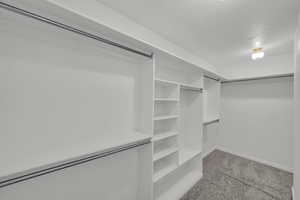 Walk in closet featuring light carpet