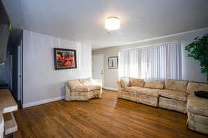 Living room featuring a textured ceiling and wood-type flooring