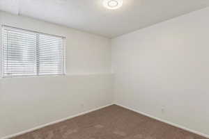 Carpeted spare room featuring baseboards and a textured ceiling