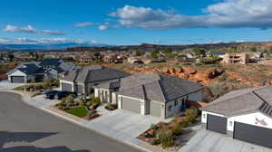 Aerial perspective of suburban area with mountains