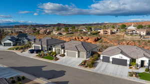 Aerial view of residential area with a mountain backdrop
