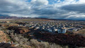 Aerial view of residential area with mountains