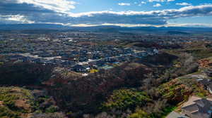 Aerial view of residential area with a mountain backdrop
