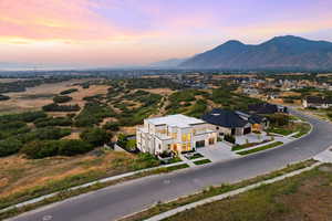Aerial view at dusk of a mountain view