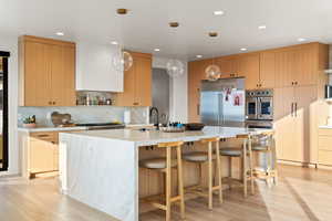 Kitchen with stainless steel appliances, open shelves, pendant lighting, and light wood finished floors