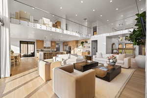 Community lobby with a high ceiling and recessed lighting