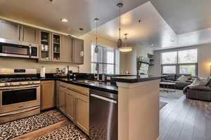 Kitchen with stainless steel appliances, granite countertops, hanging light fixtures,, and open floor plan