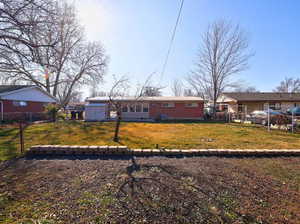 Single story home featuring a fenced backyard and brick siding