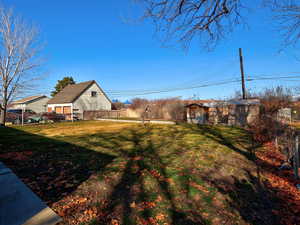 Fenced backyard with an outdoor structure